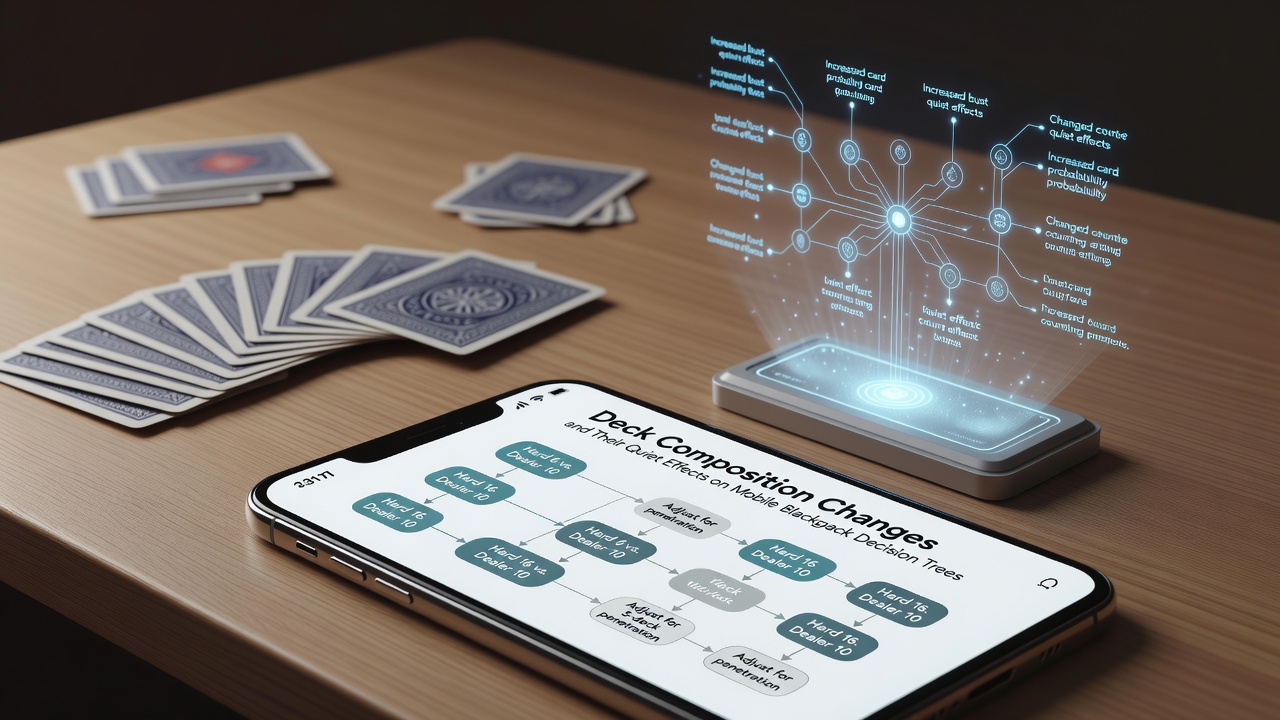 Illustration der Deck-Zusammensetzung in mobilen Blackjack-Apps mit Kartenverteilung und Entscheidungsbäumen