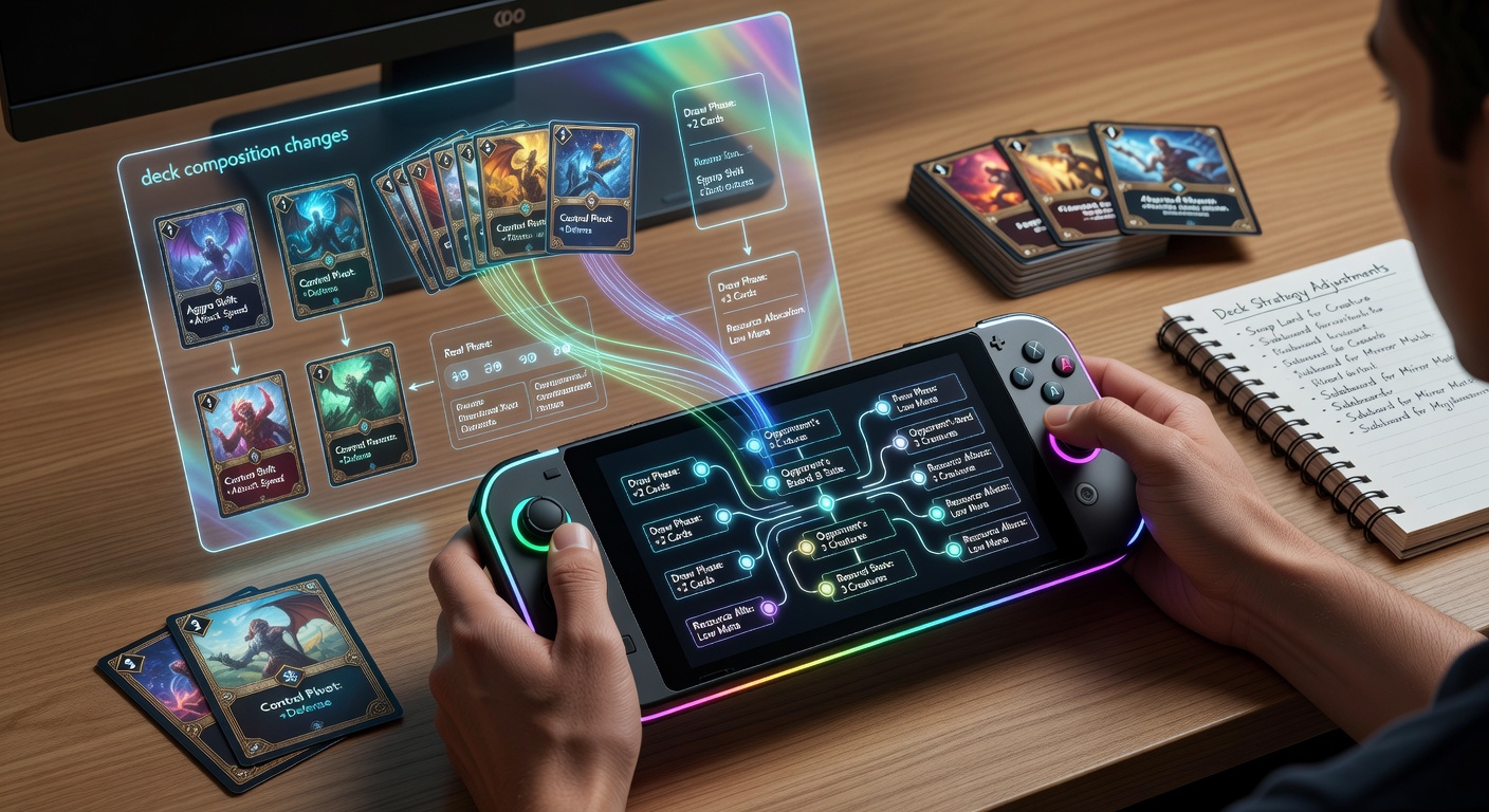 Illustration eines mobilen Gaming-Interfaces mit dynamischen Entscheidungsbäumen und Deck-Visualisierung