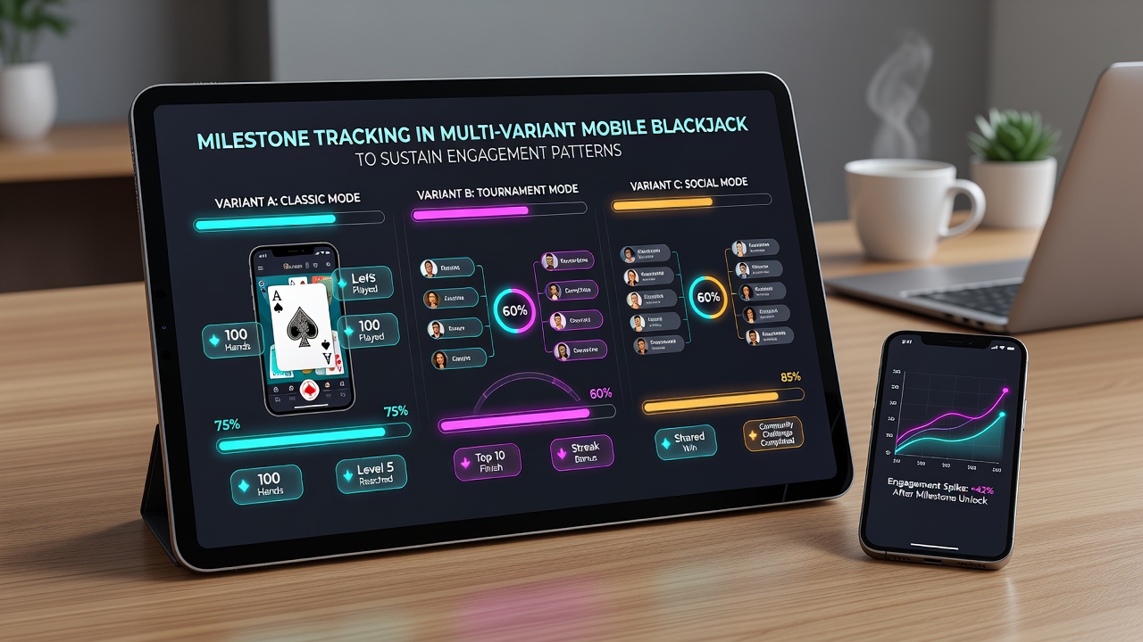 Darstellung von Meilenstein-Tracking in mobilen Blackjack-Apps mit verschiedenen Varianten und Fortschrittsanzeigen