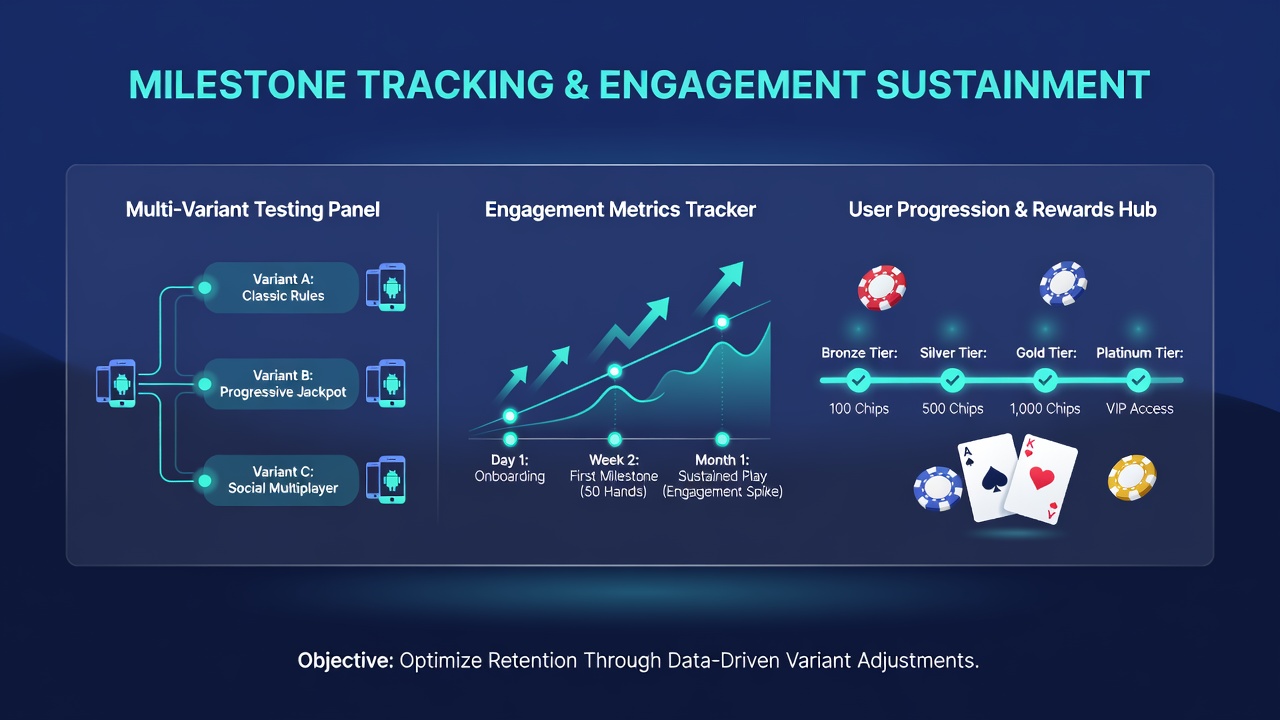 Beispielhafte Ansicht von Engagement-Diagrammen und Meilenstein-Dashboards in einer mobilen Blackjack-App