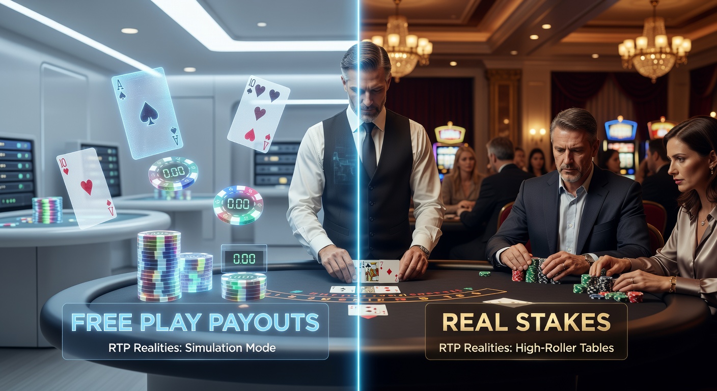 Grafik, die RTP-Raten bei Free Play und Echtgeld-Blackjack vergleicht, mit Balkendiagrammen für simulierte und reale Auszahlungen