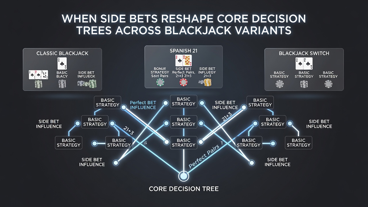 Detailansicht eines Blackjack-Spielplans mit hervorgehobenen Side-Bet-Optionen und Strategieanpassungen